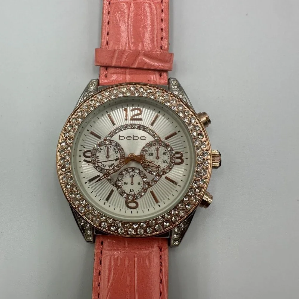 Bebe Watch Women Silver Rose Gold Tone Faux Chronograph Pave Crystal Bezel 9